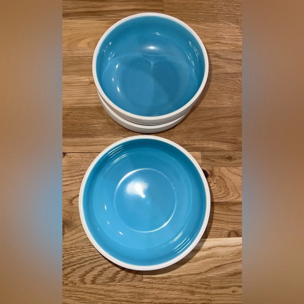 Set of 4 Crate & Barrel Brio Blue White Cereal Soup Bowls Stackable